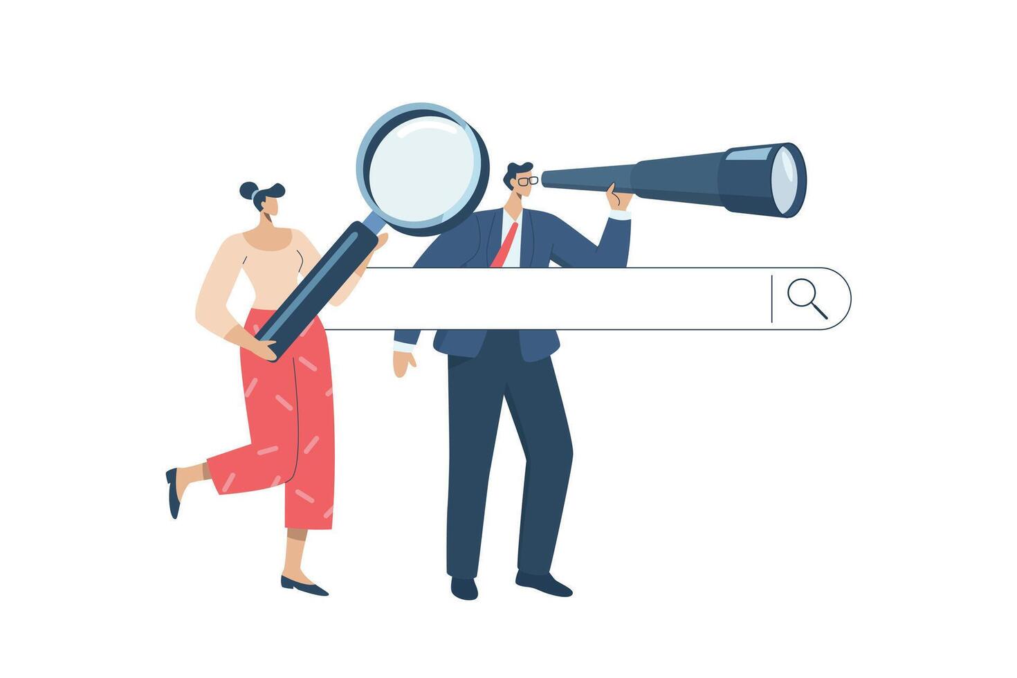 Search for information online, Search engine optimization, Surfing the internet with search engine, Business man and woman with magnifying glass searching for information in website bar. vector