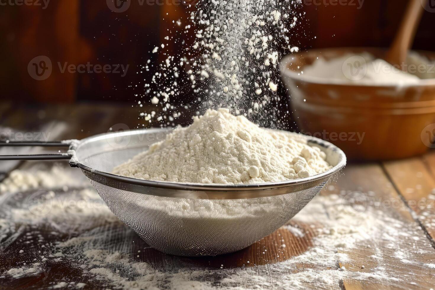 AI generated Sifting flour through sieve on wooden table. Generative AI photo