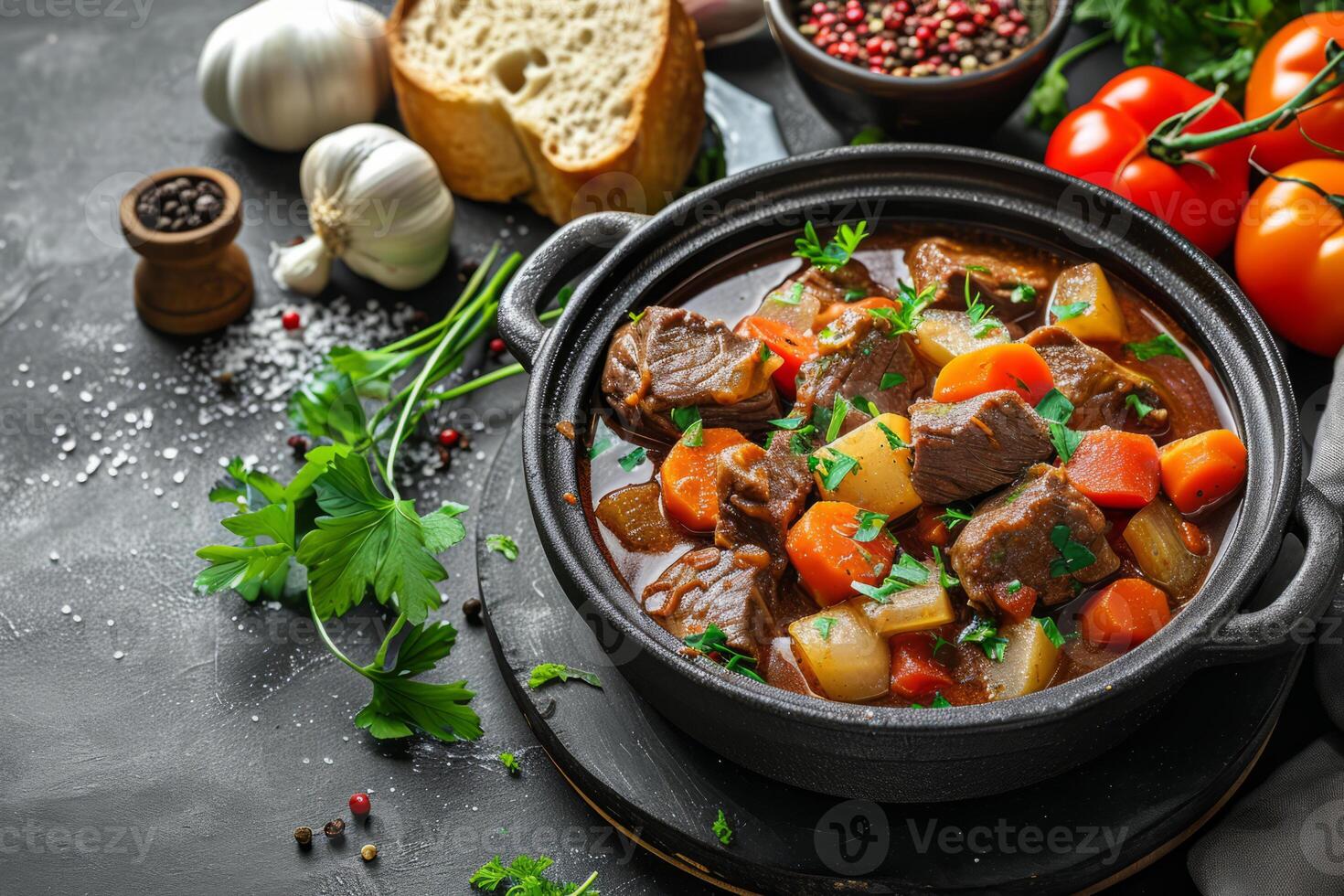 AI generated Beef meat and vegetables stew in ceramic bowl. Generative AI photo