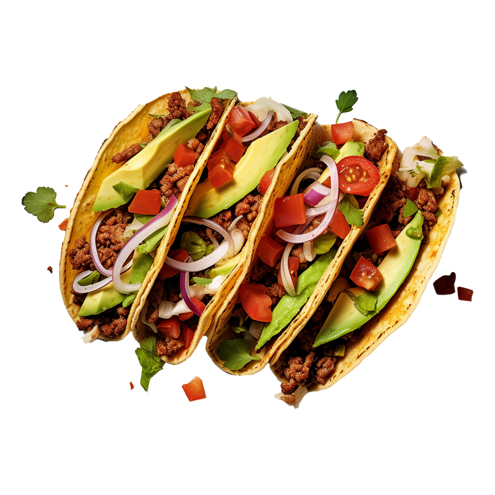 ai generato tacos con Manzo pomodori avocado peperoncino e cipolle isolato su trasparente sfondo png
