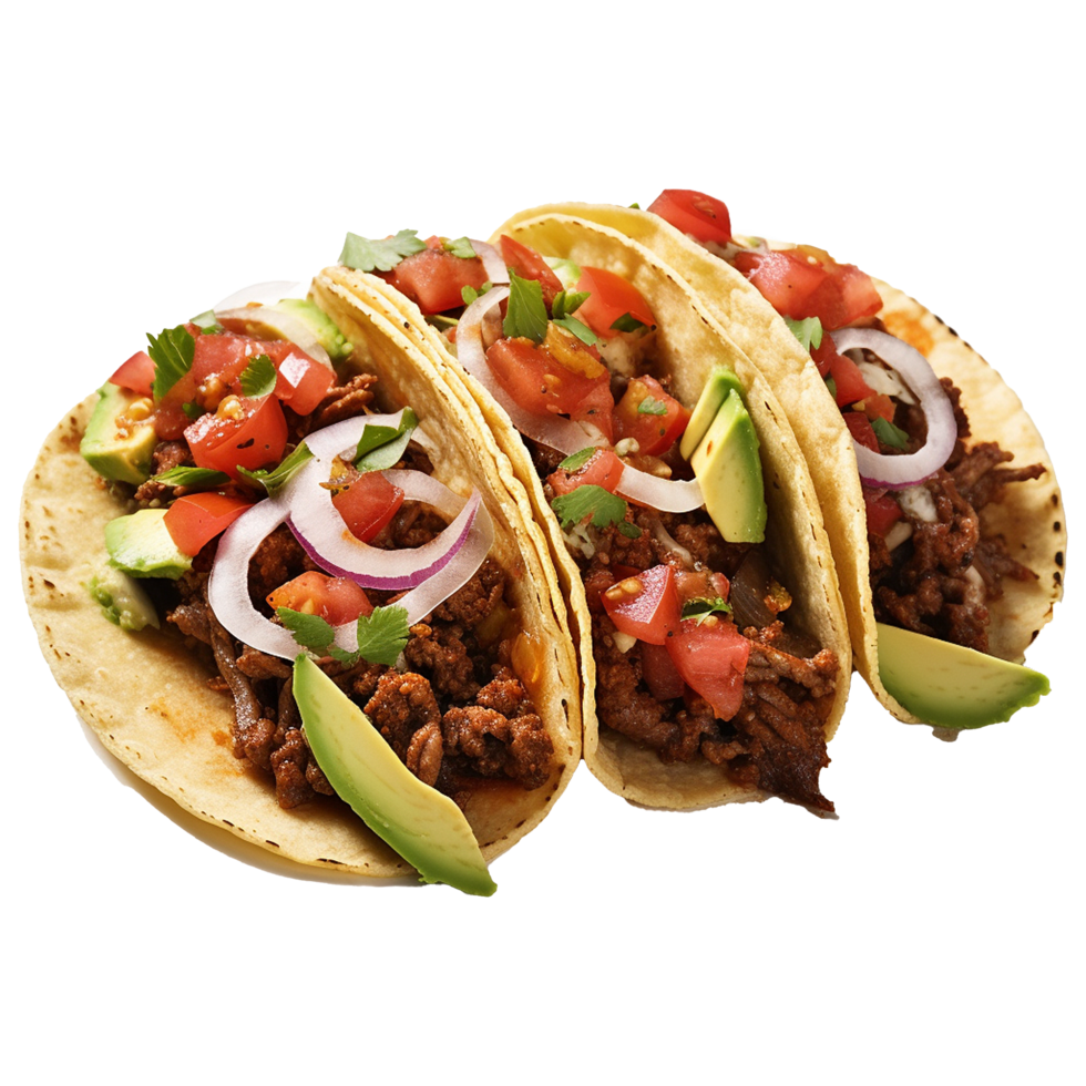 AI generated Tacos with beef tomatoes avocado chilli and onions isolated on transparent background png