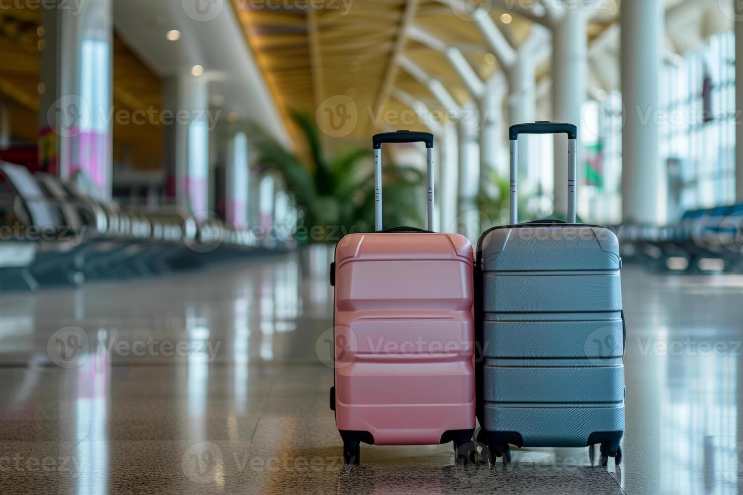 AI generated Two stylish suitcases standing in empty airport hall. Generative AI photo