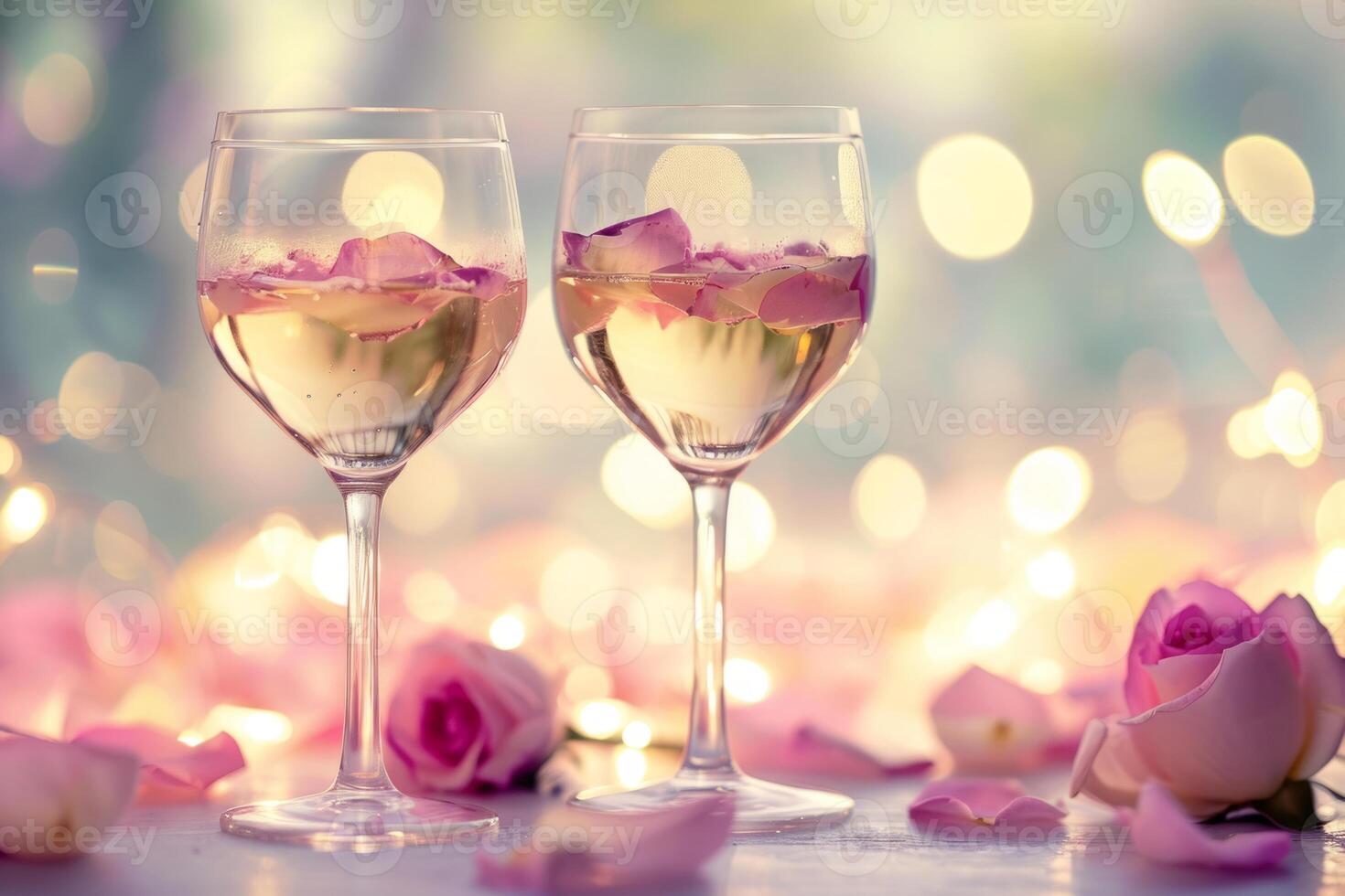 ai generado dos lentes de vino con rosado Rosa pétalos en bokeh antecedentes. generativo ai foto