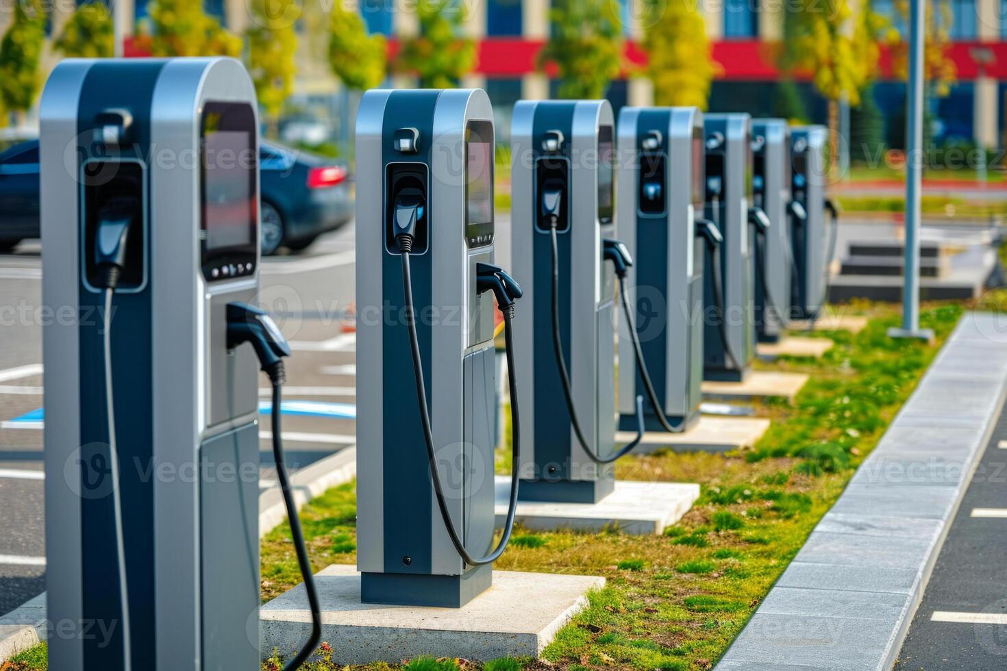AI generated Modern fast chargers for charging electric vehicles at the parking. Generative AI photo