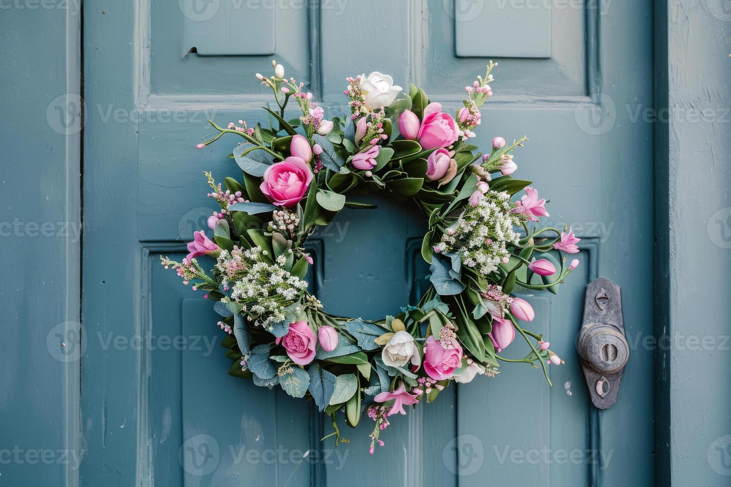 AI generated Spring flower wreath hanging on a house wooden door. Fresh wild flowers and home decoration. Generative AI photo