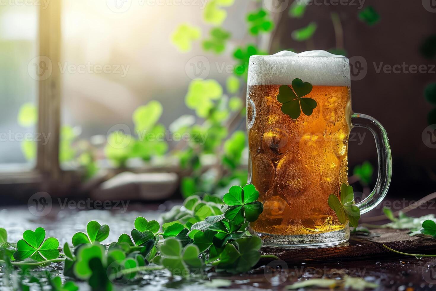 AI generated St. Patrick's Day background with a refreshing cold beer and clovers. Generative AI photo