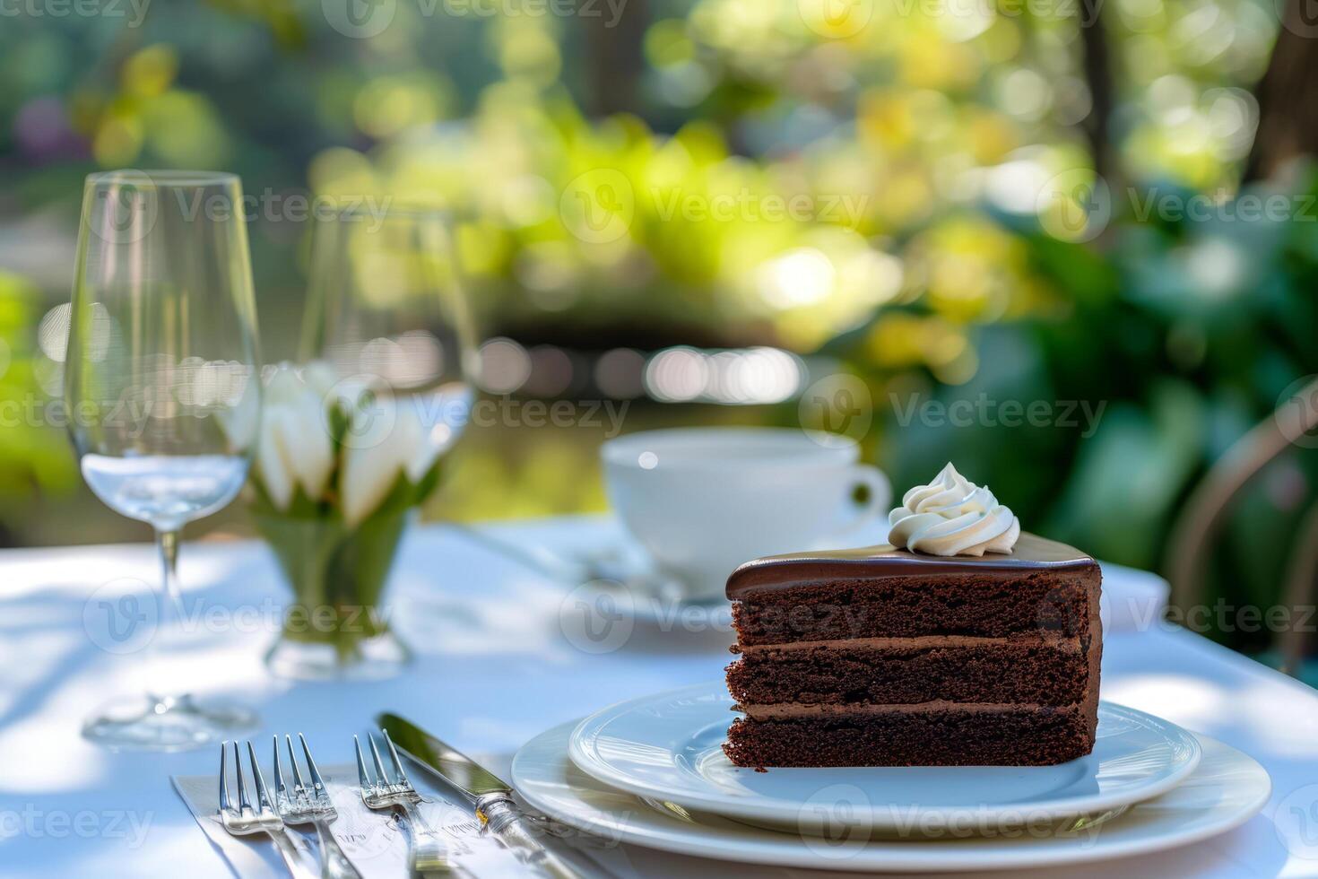 AI generated Slice of chocolate cake served on an elegant dinner table. Generative AI photo