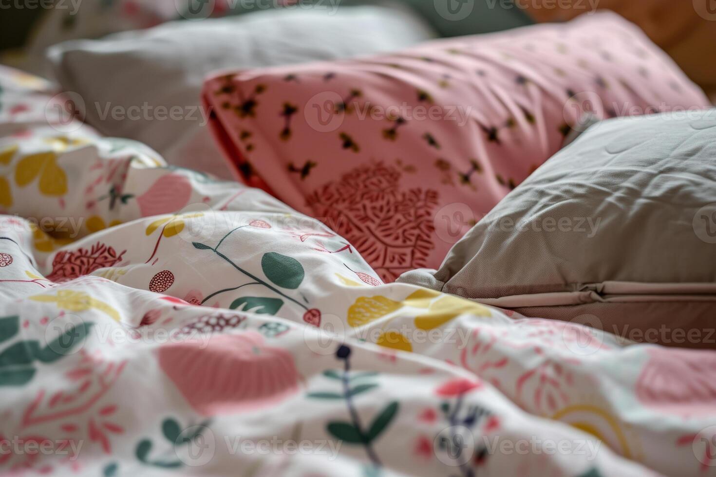 AI generated Soft bedding set with pillows in pastel colors. Colorful bed linen. Generative AI photo