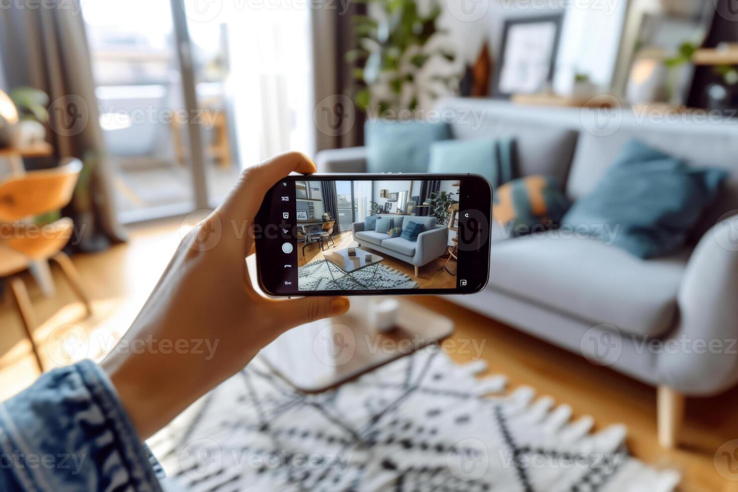 AI generated Hands hold smartphone with augmented reality interior design software to choose furniture. Generative AI photo