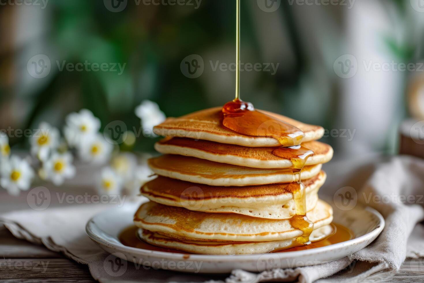 AI generated Homemade stack classic pancakes with maple syrup. Generative AI photo