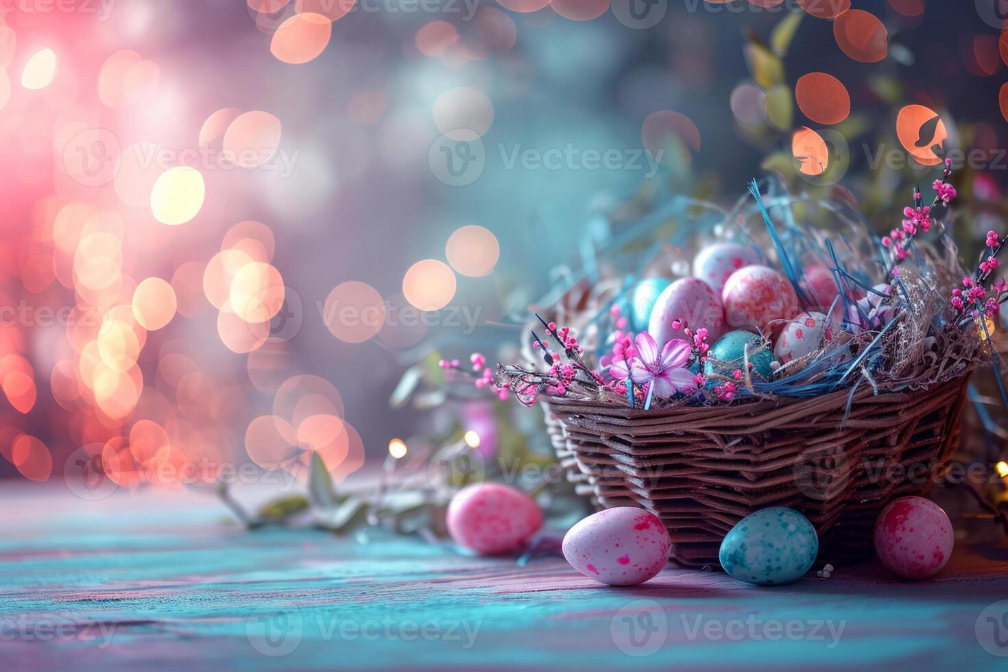 AI generated Easter banner with easter basket and eggs. Sparkling bokeh background in pastel colors. Generative AI photo