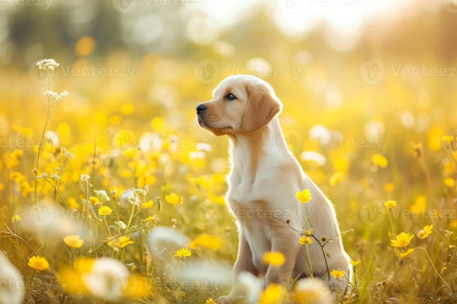 AI generated Cute puppy sitting in summer flower field. Generative AI photo