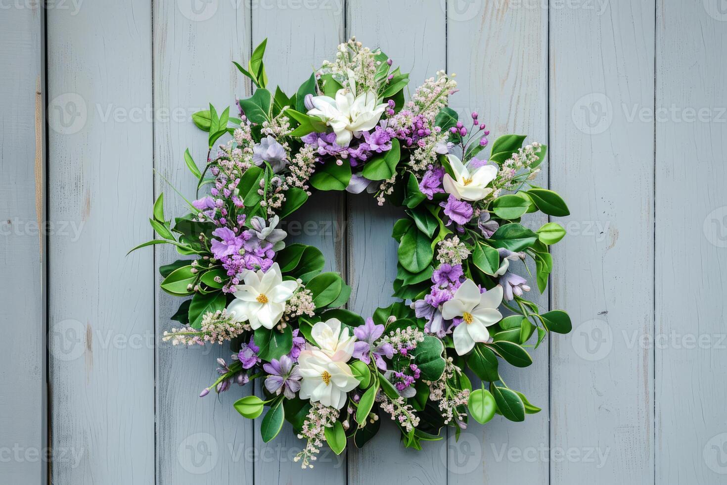 AI generated Spring flower wreath hanging on a house wooden door. Fresh wild flowers and home decoration. Generative AI photo