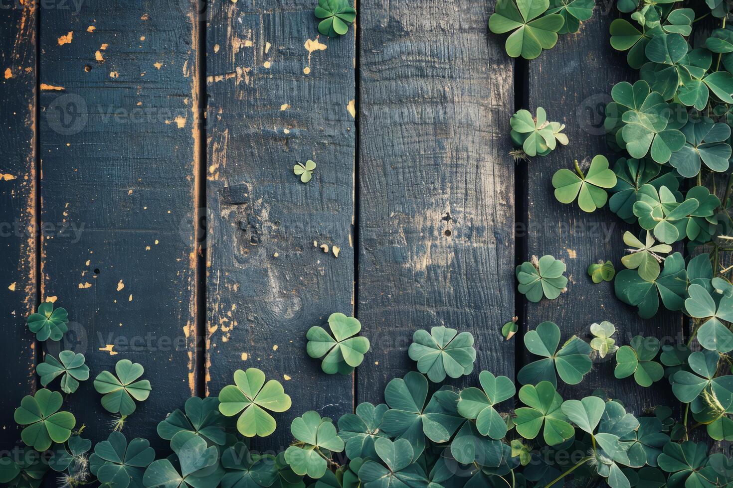 AI generated Clover leaves on wooden table. St. Patrick's Day background. Generative AI photo