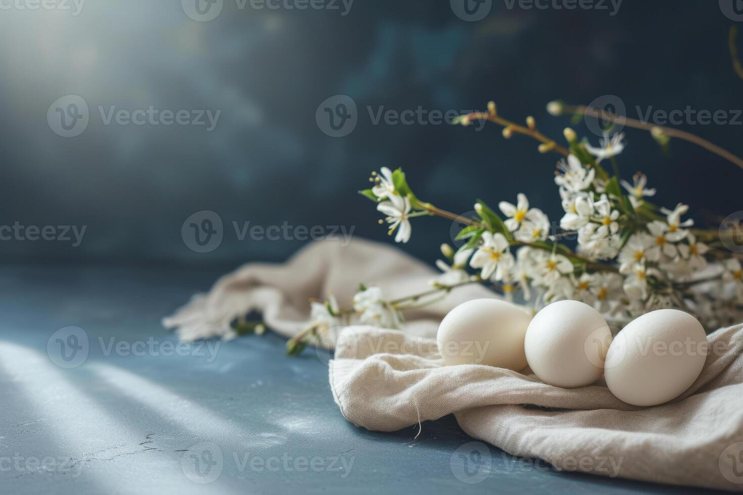 AI generated Elegant Easter banner. Pastel composition for the holiday. Eggs in natural colors on blue background. Generative AI photo