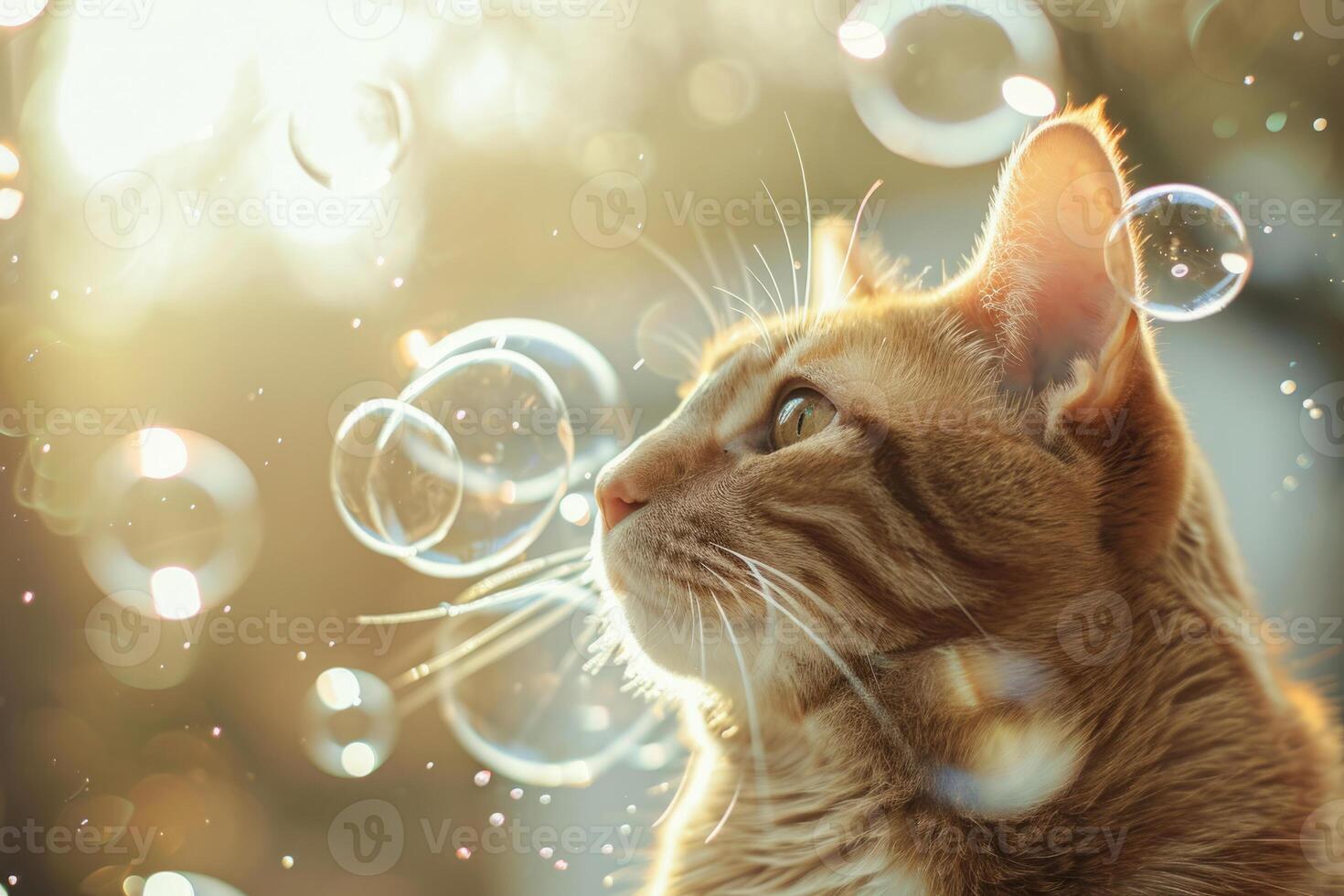 AI generated Cat surrounded by soap bubbles. Kitten playing with soap bubbles. Generative AI photo