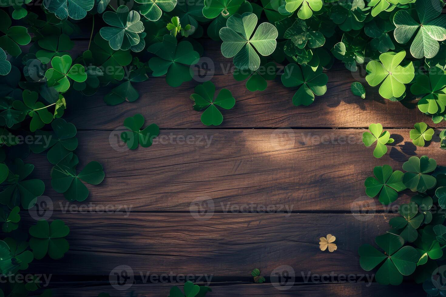 AI generated Clover leaves on wooden table. St. Patrick's Day background. Generative AI photo