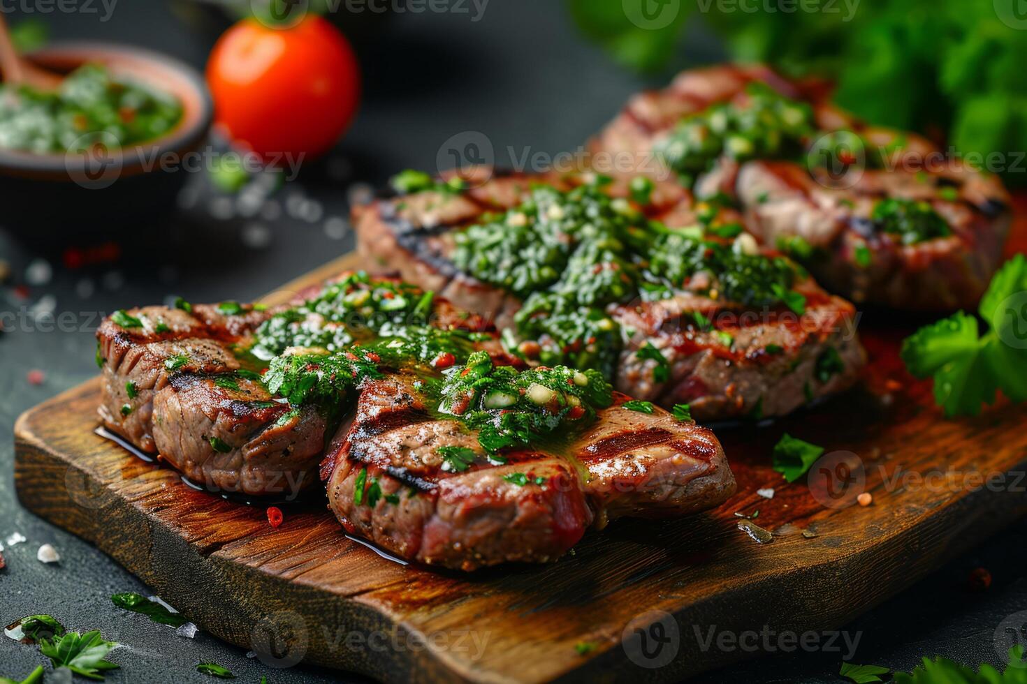 ai generado hecho en casa A la parrilla filete con chimichurri salsa y especias generativo ai foto