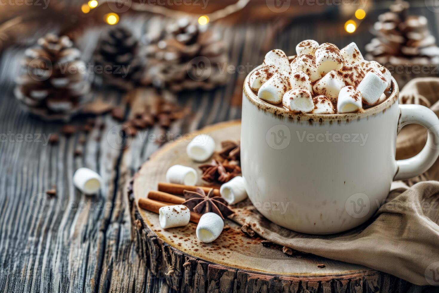 AI generated Chocolate hot cocoa in white mug with marshmallows. Generative AI photo