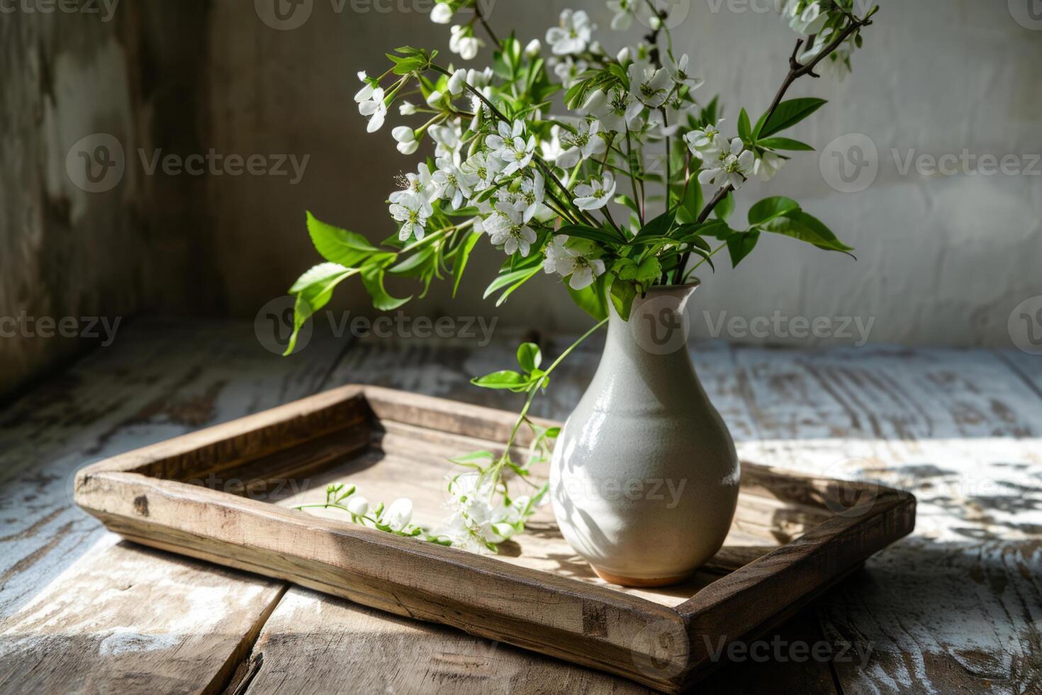 AI generated Home interior spring decor. Wooden tray, vase with fresh flowers and greenery. Generative AI photo