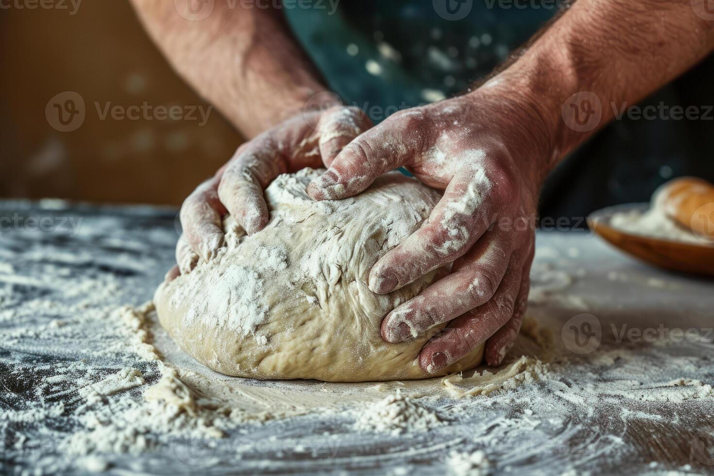 ai generado panadero cocinero es haciendo con harina pan de masa. amasadura masa. generativo ai foto