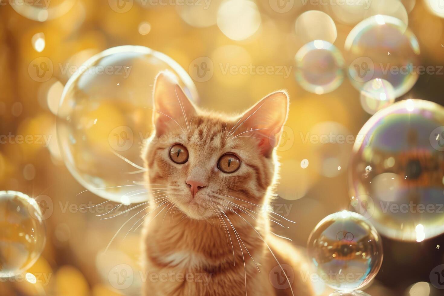AI generated Cat surrounded by soap bubbles. Kitten playing with soap bubbles. Generative AI photo