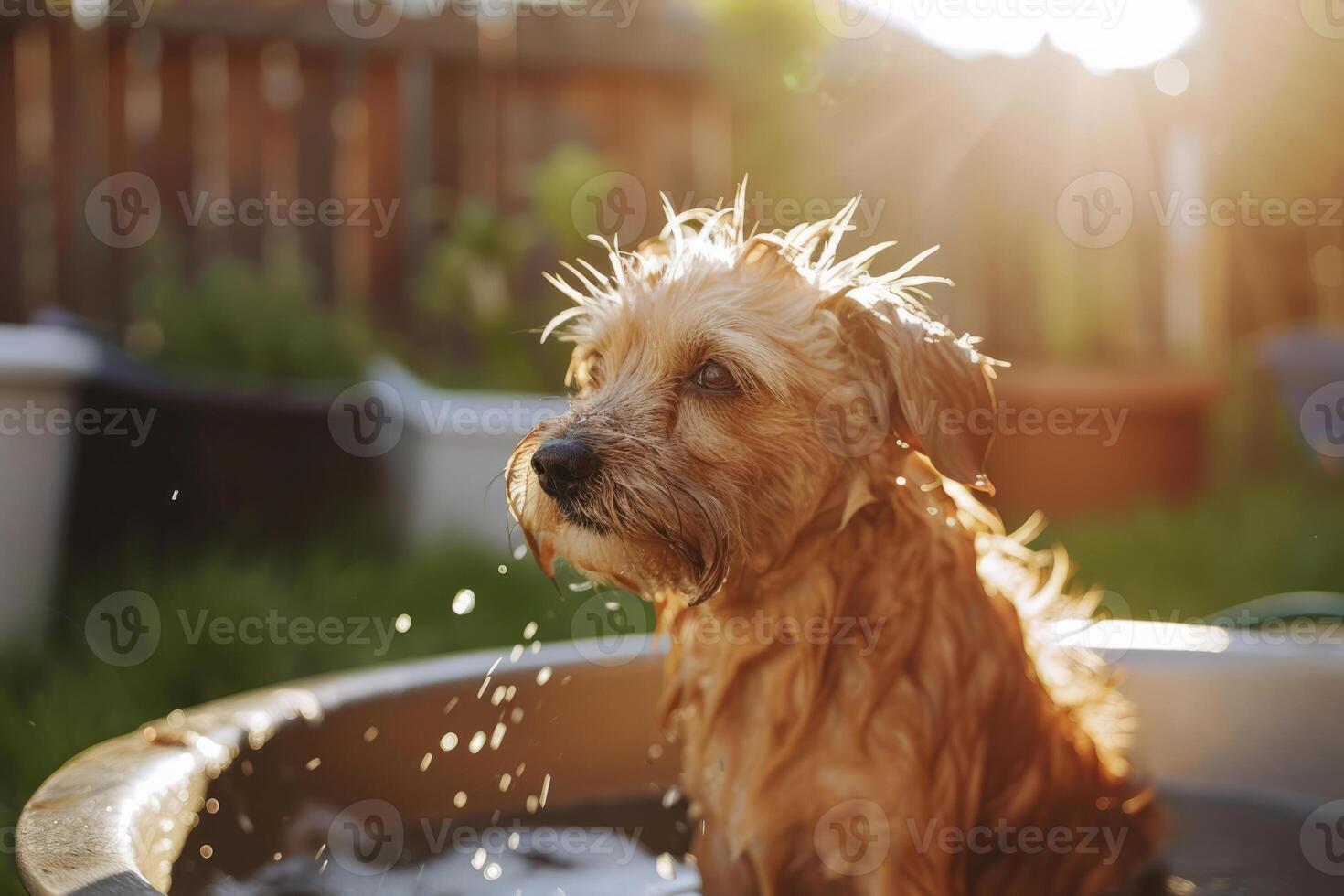 AI generated Dog taking a bath in the backyard. Generative AI photo