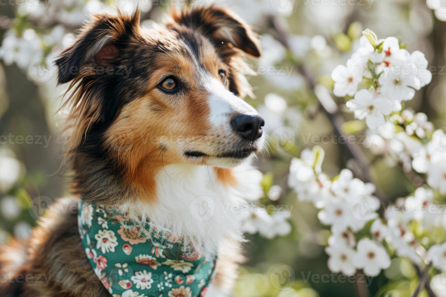 AI generated Dog wearing a bandana in spring garden. Generative AI photo