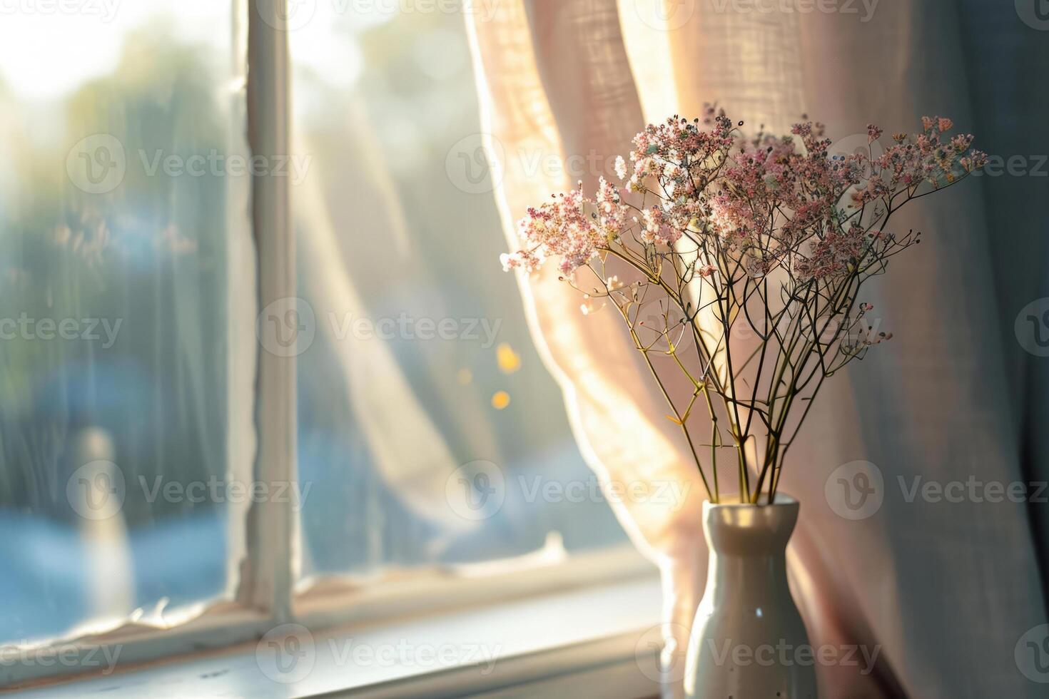 AI generated Pastel colored curtain and vase with spring flowers on sunny background. Generative AI photo