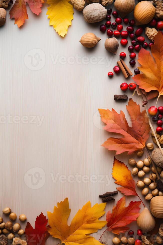 AI generated wooden background with autumn elements with empty space photo