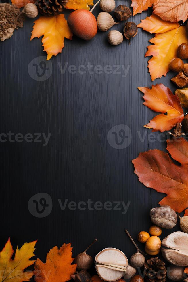 AI generated wooden background with autumn elements with empty space photo