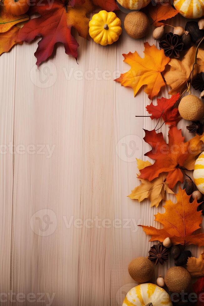 AI generated wooden background with autumn elements with empty space photo