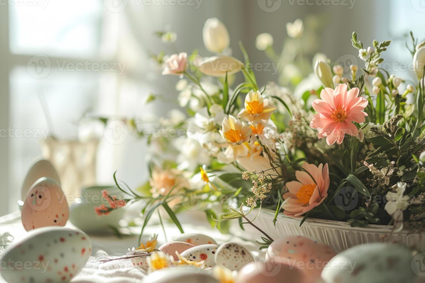 ai generado Pascua de Resurrección huevos y flores floral composición rodeado por Pascua de Resurrección decoración. generativo ai foto