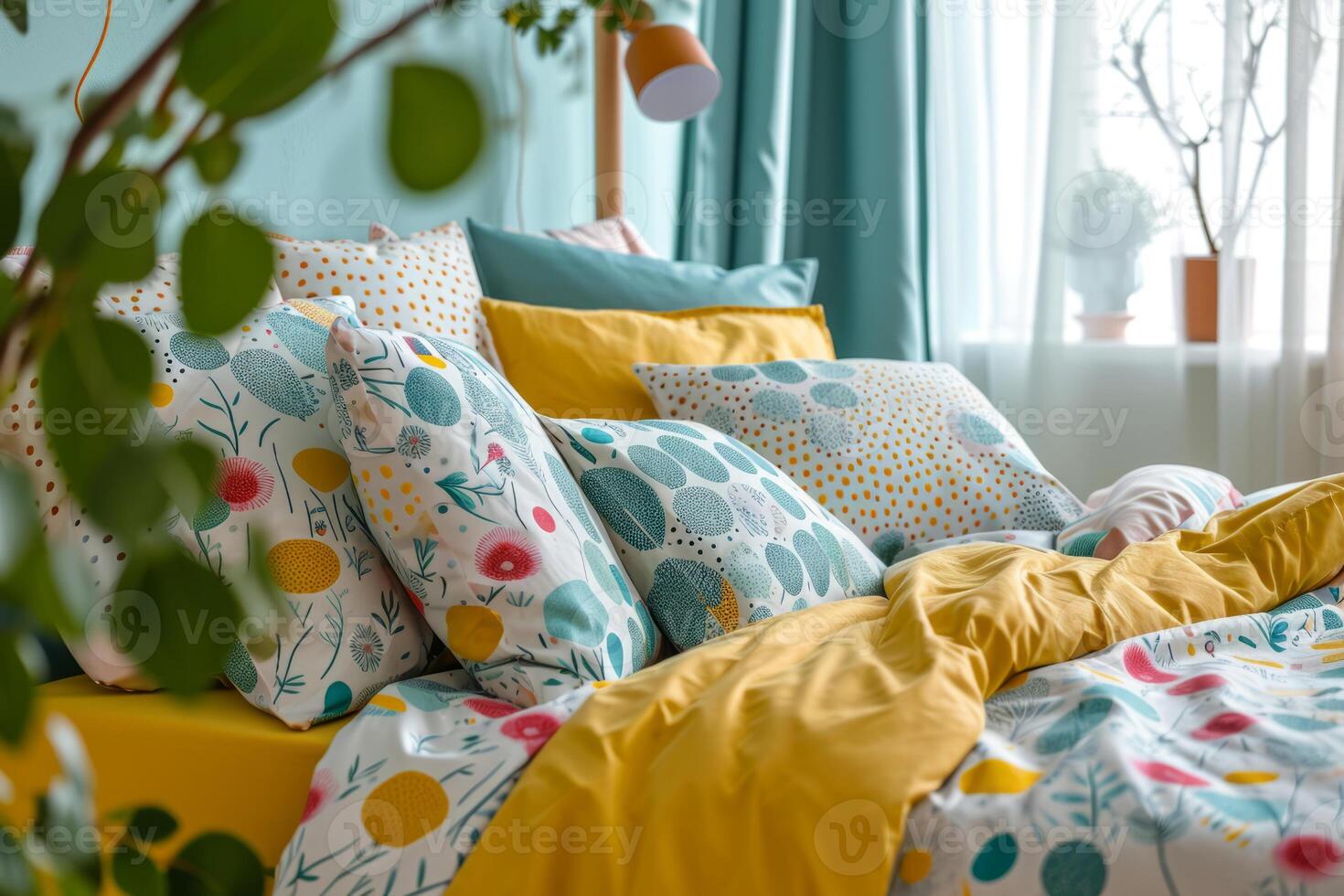 AI generated Soft bedding set with pillows in pastel colors. Colorful bed linen. Generative AI photo