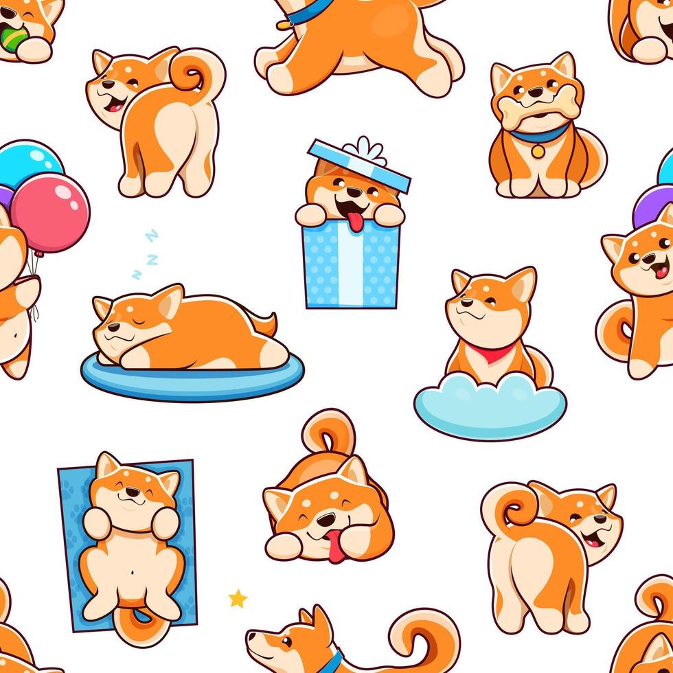 Cartoon kawaii pet shiba inu dogs seamless pattern vector