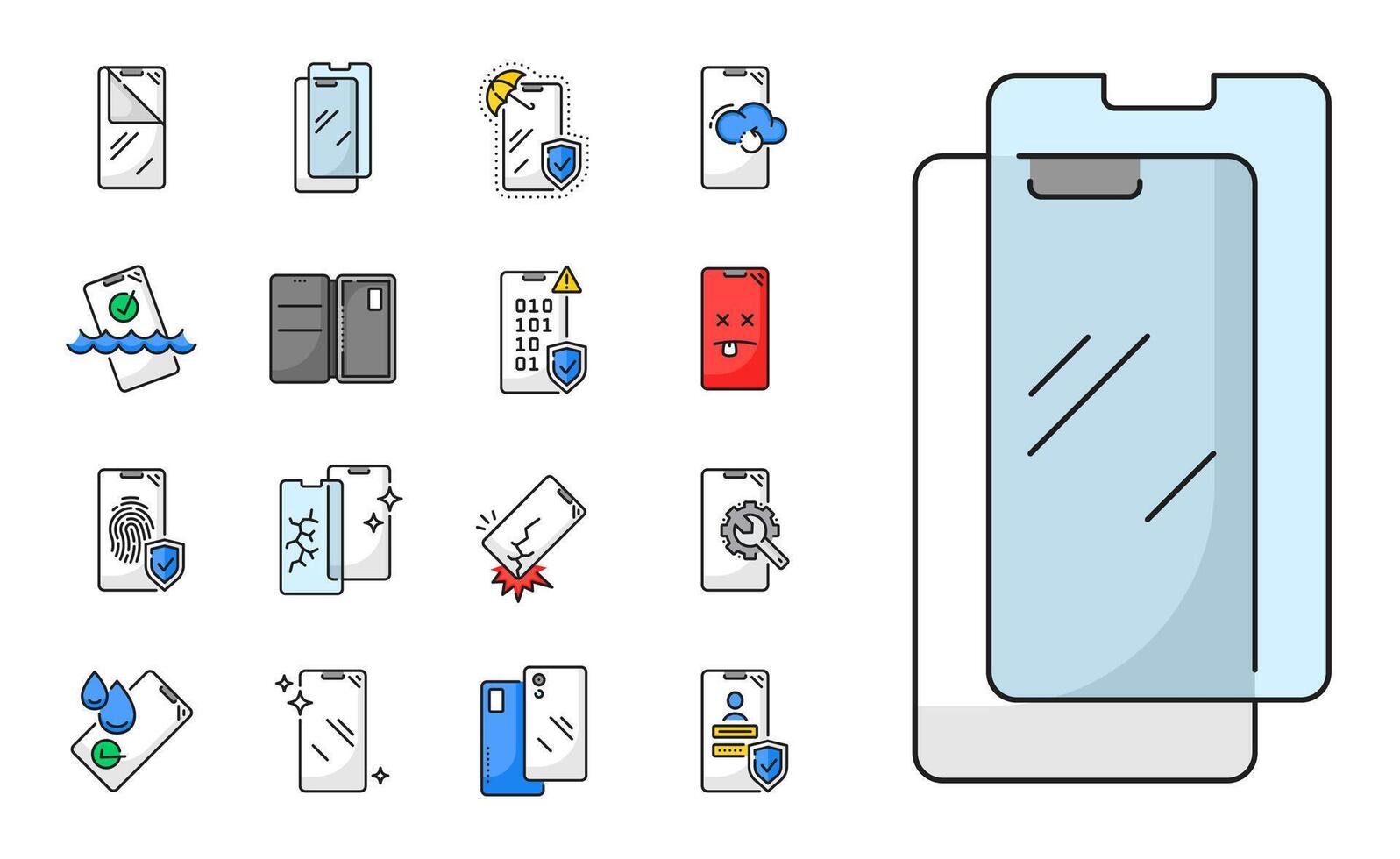 Smartphone glass protection and insurance icons vector