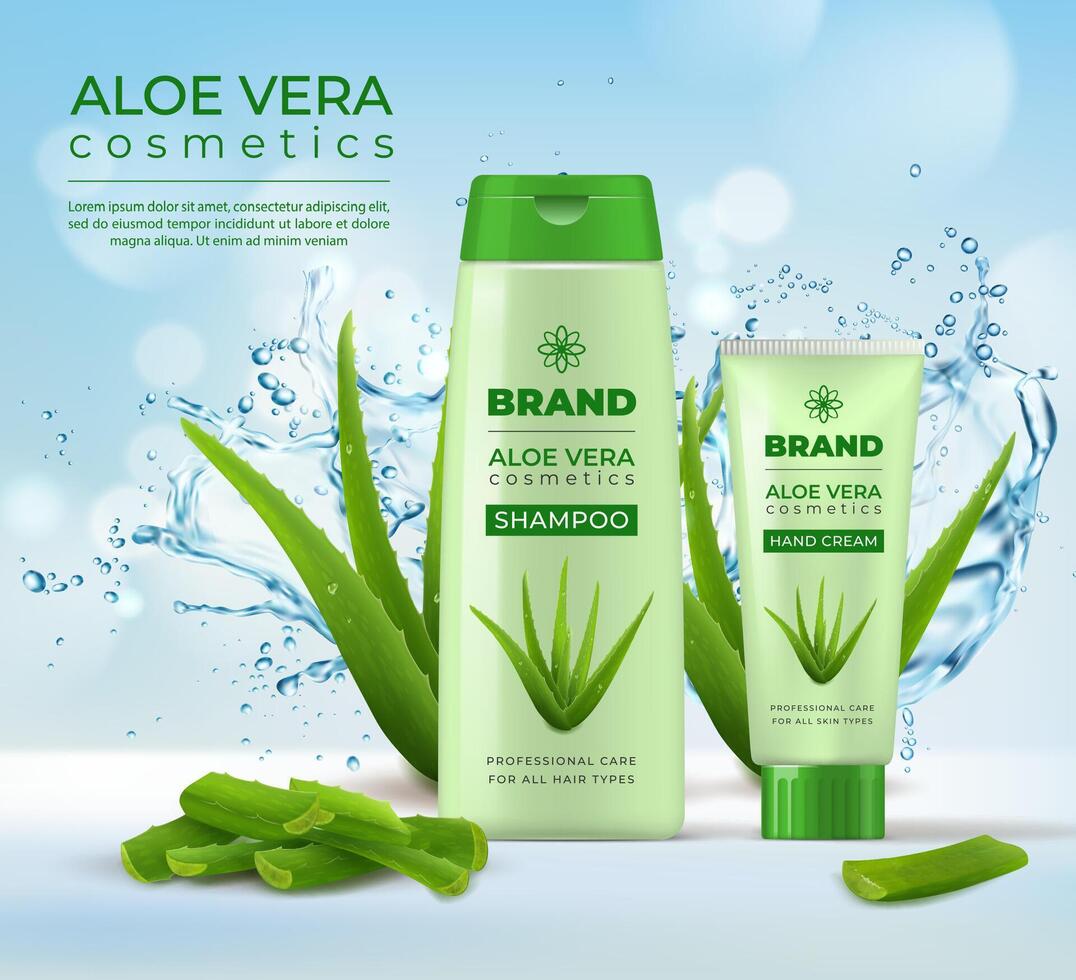 Green aloe vera cream and shampoo cosmetics bottle vector