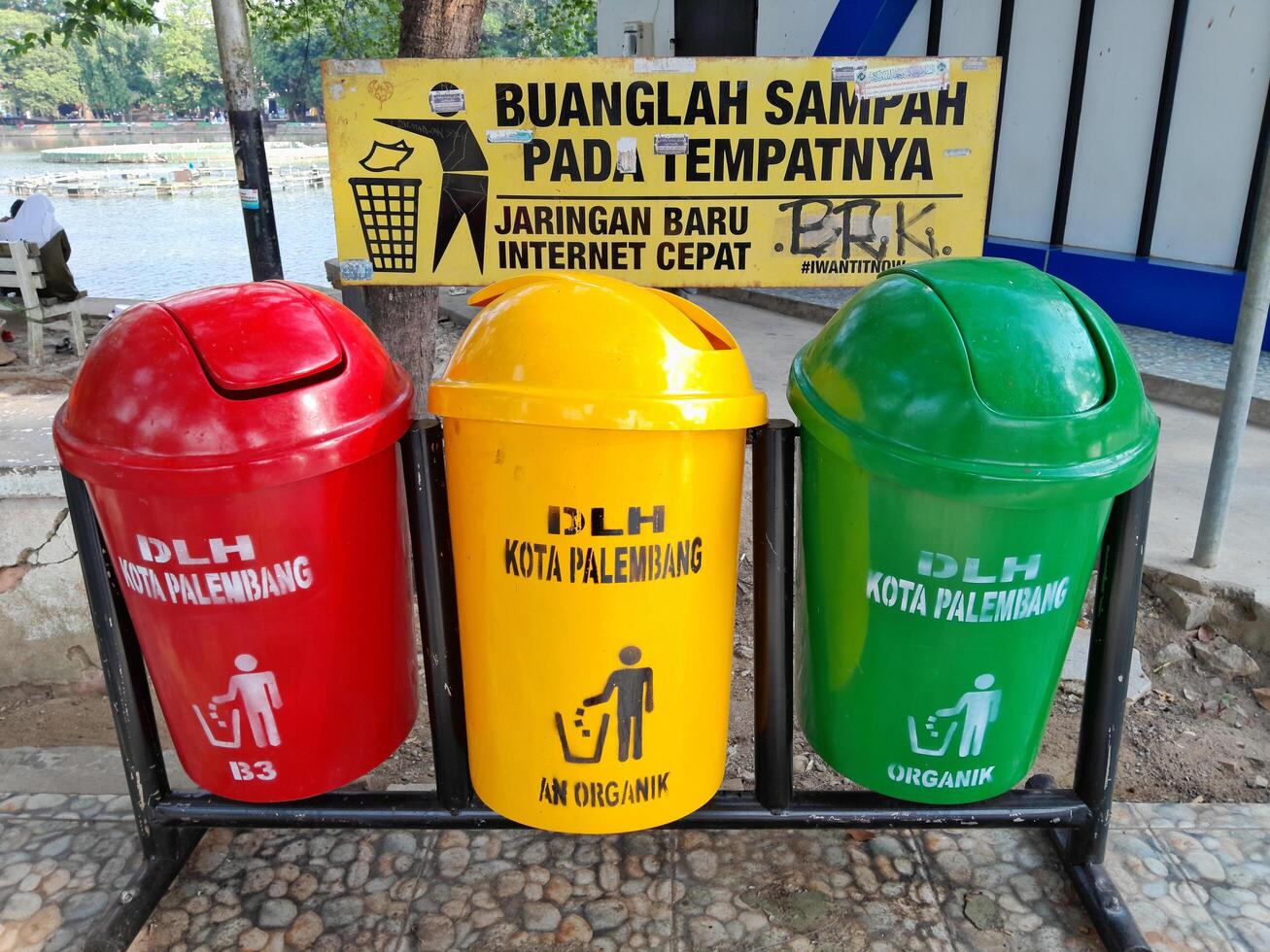 Photo of a colourful trash can.