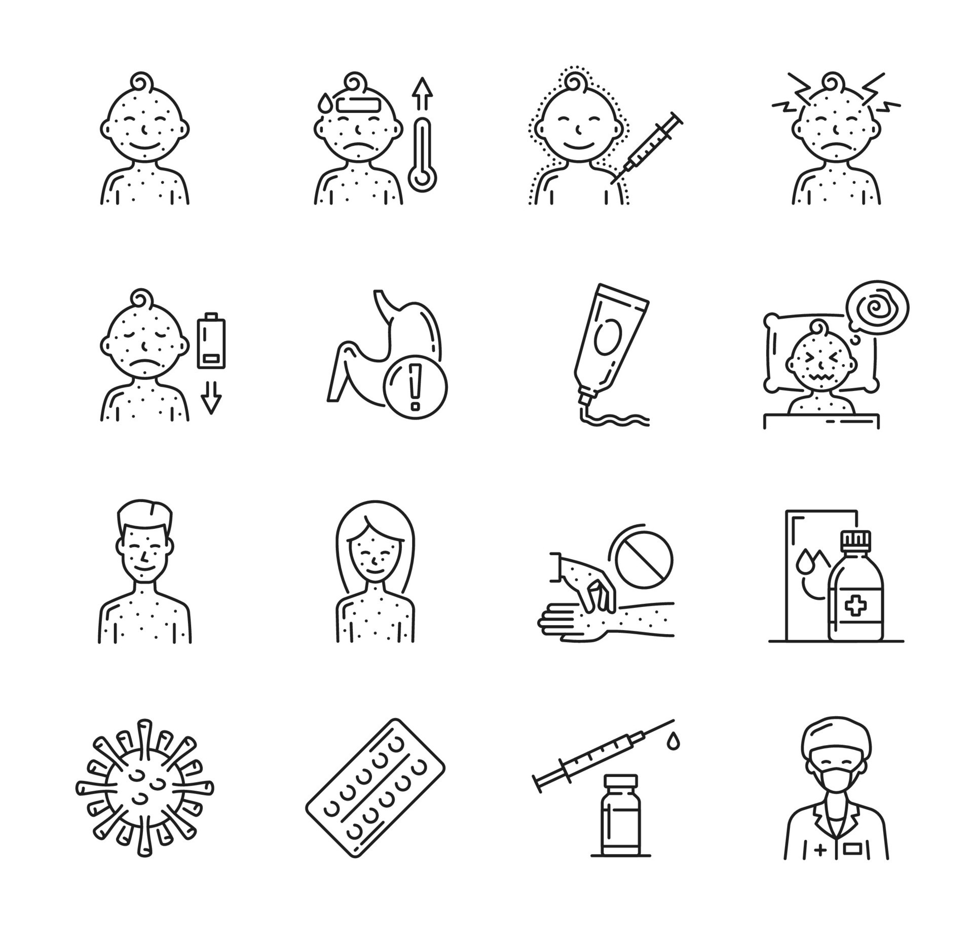 Chicken pox icons of virus disease symptoms 37927749 Vector Art at Vecteezy