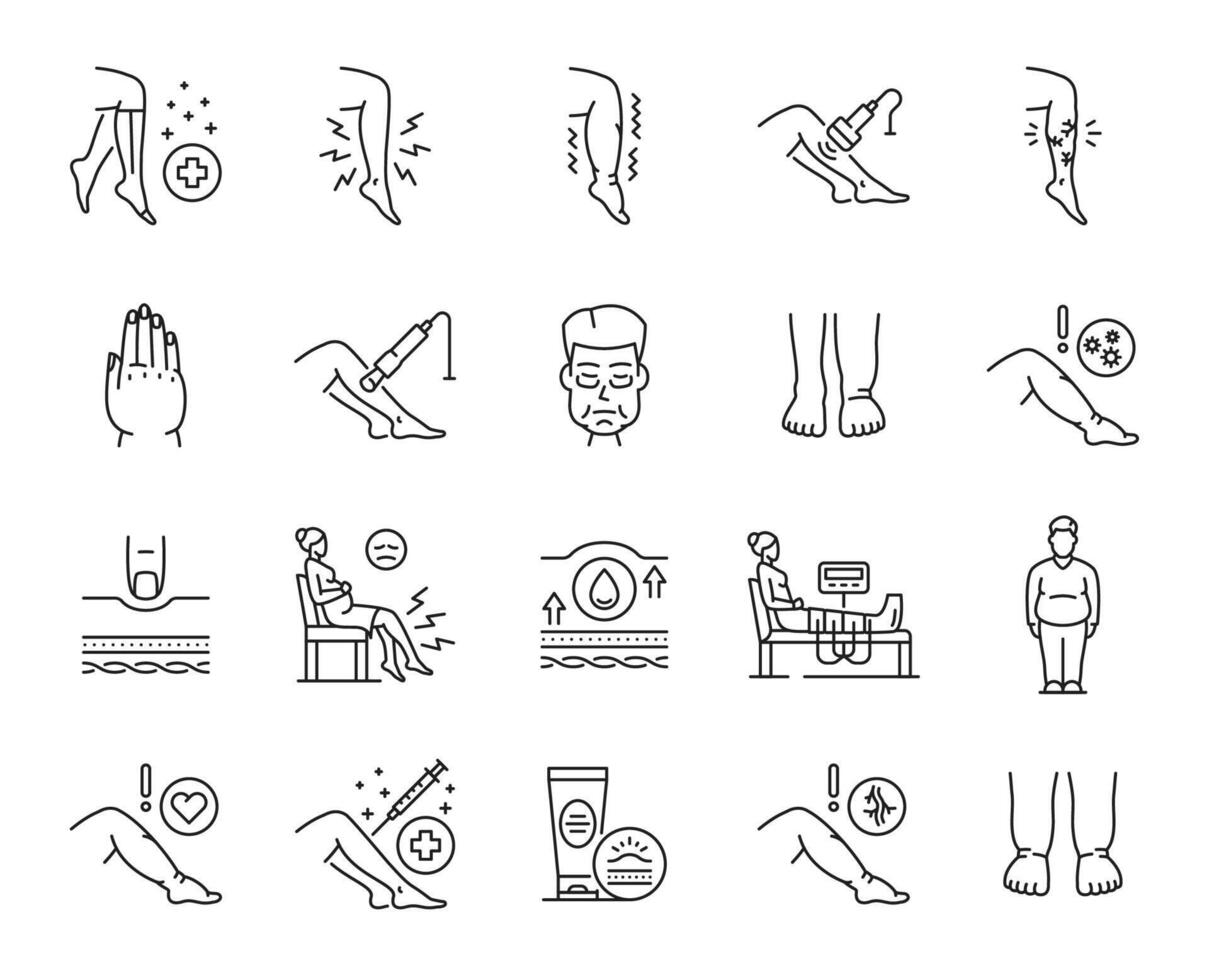 edema iconos, hinchado piernas, cuerpo partes y las venas vector