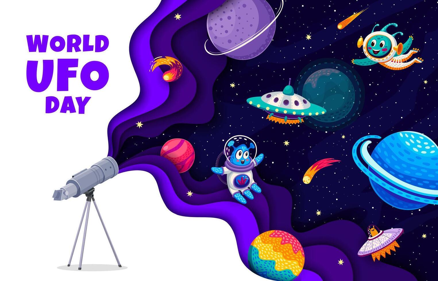 World UFO day banner with paper cut galaxy planets vector