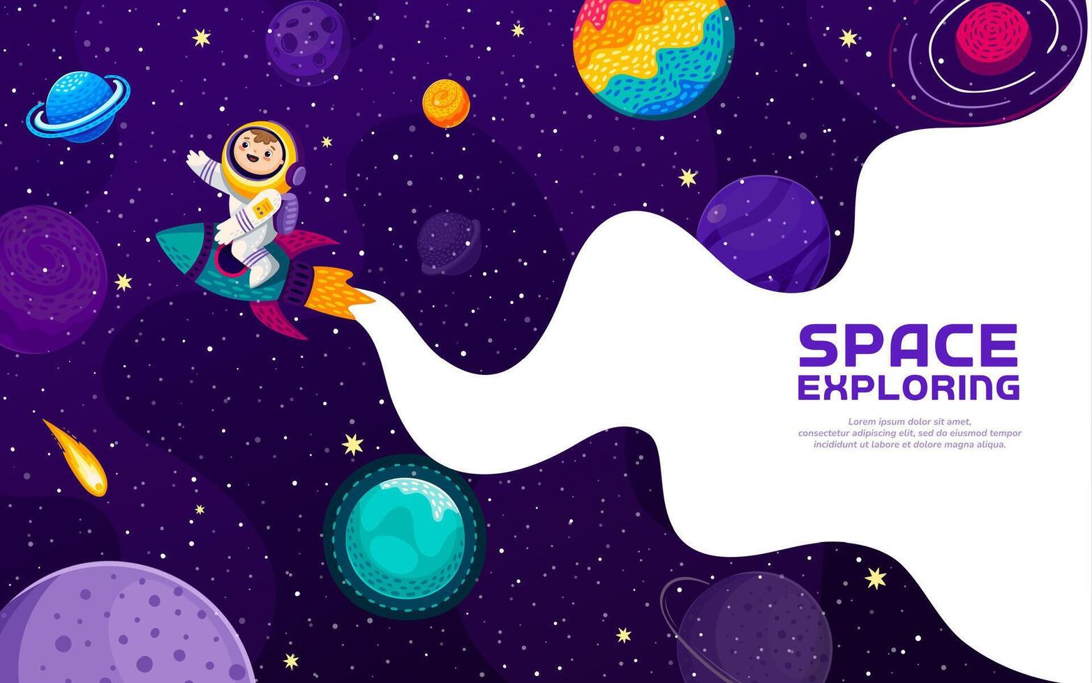 Cartoon kid astronaut on rocket in galaxy space vector