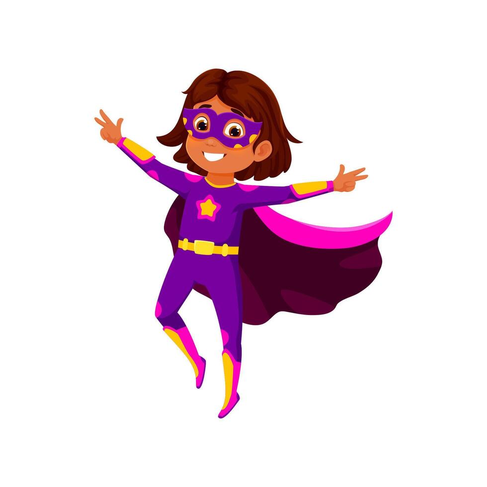 dibujos animados niña superhéroe personaje en púrpura disfraz vector
