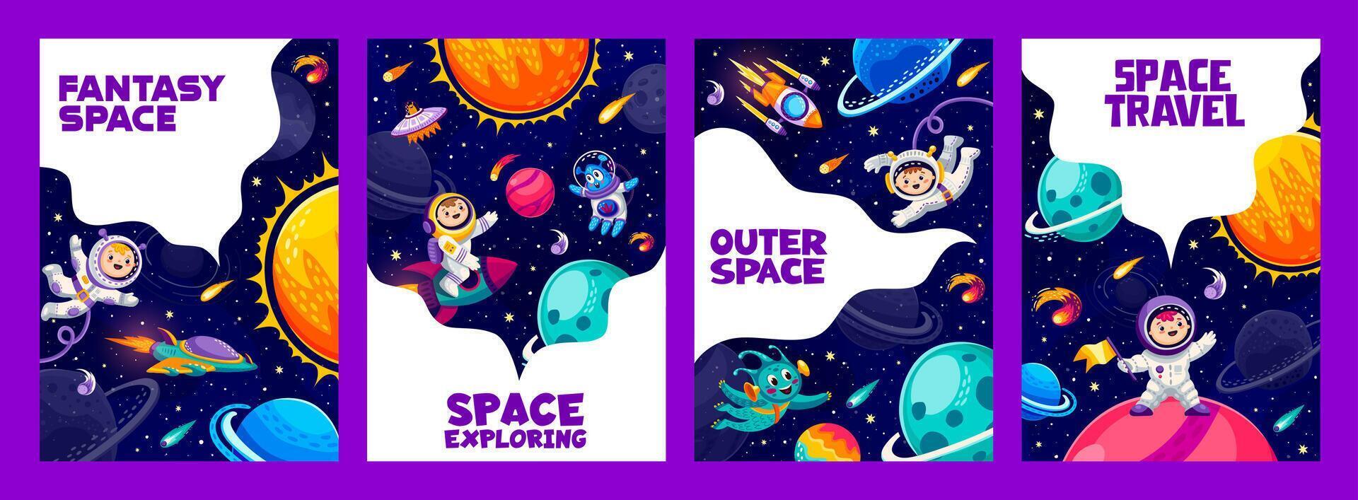 dibujos animados espacio carteles, vector tarjetas con astronauta