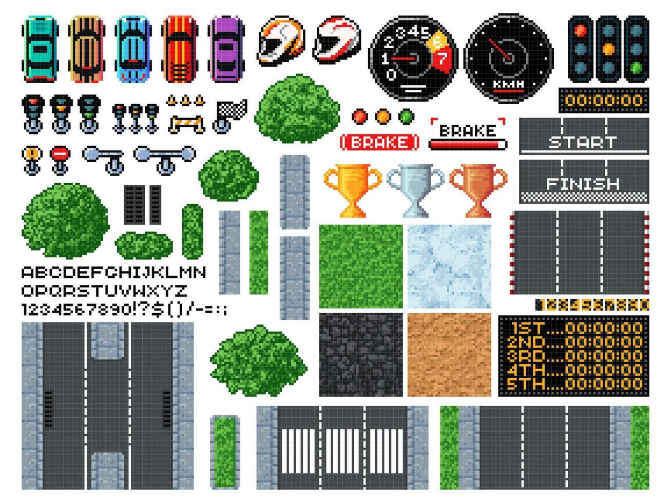 8 bit pixel art race game, top view racing tracks vector