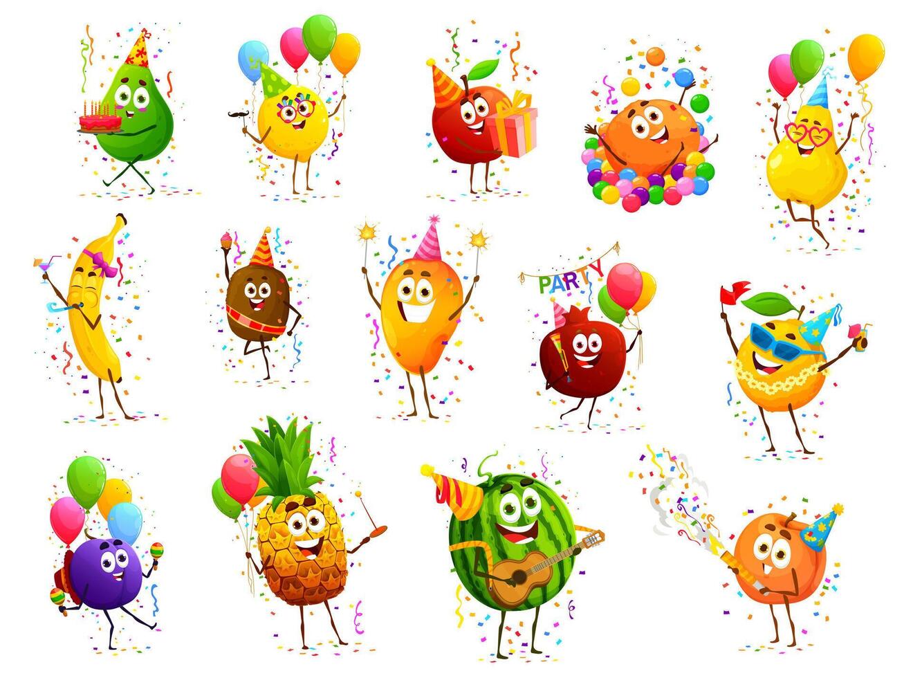 dibujos animados Fruta caracteres en cumpleaños fiesta fiesta vector