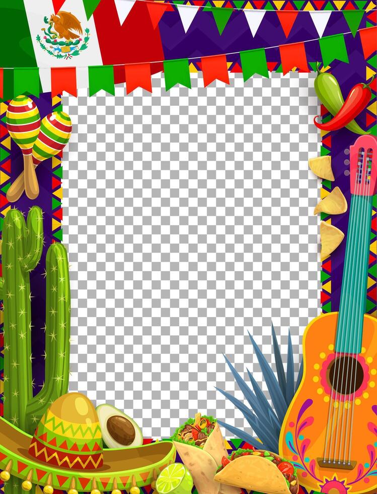 Mexican holiday frame, sombrero and Mexico flag vector