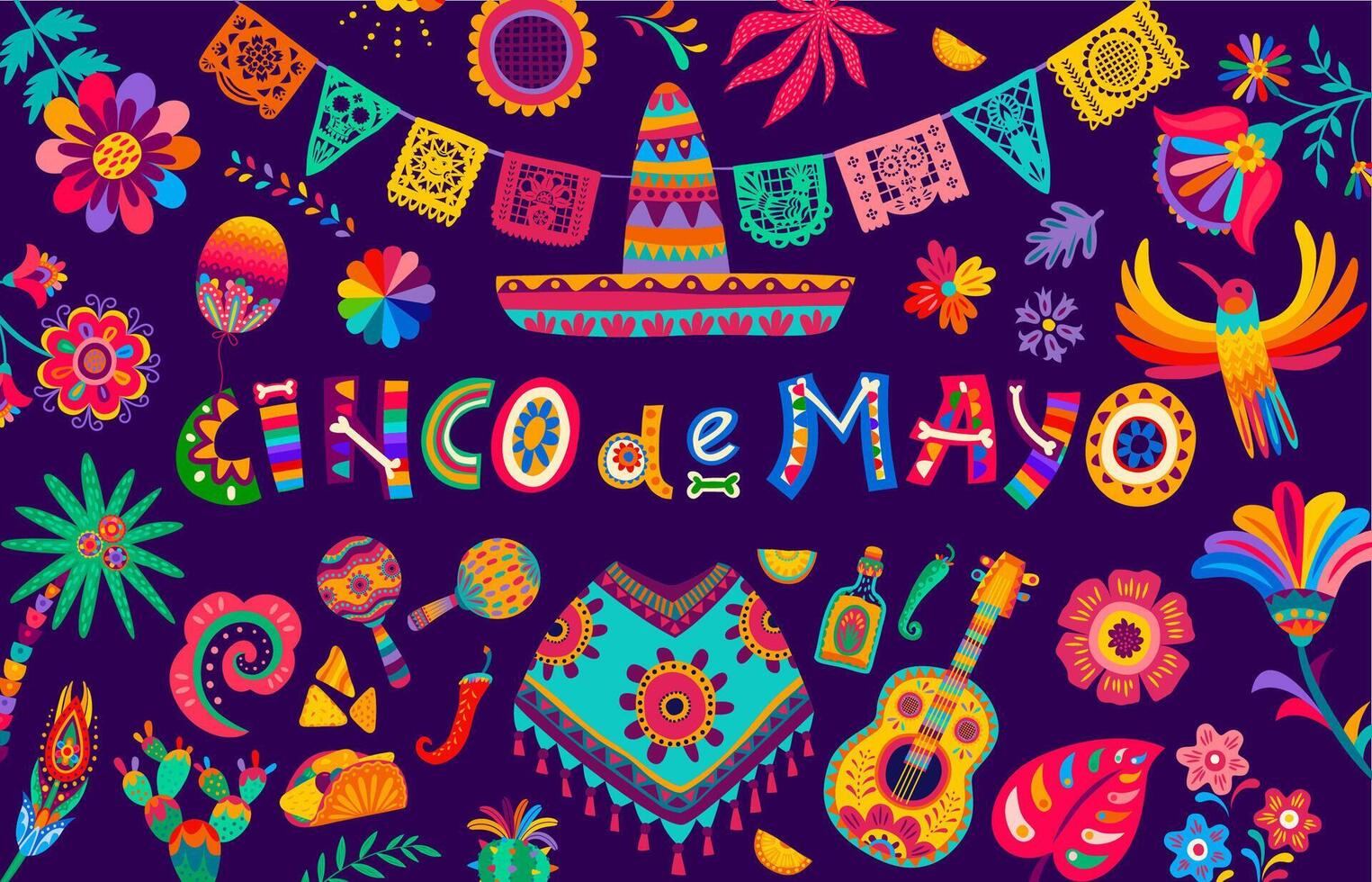 Colorful Cinco de Mayo banner, tropical flowers vector