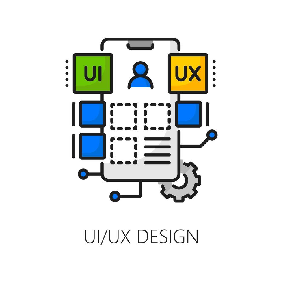 Teléfono móvil aplicación ui ux diseño desarrollar Delgado línea icono vector