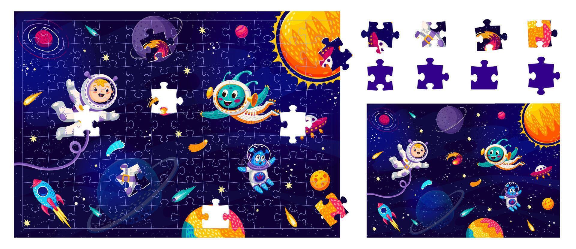 Jigsaw puzzle game with funny alien and astronaut vector